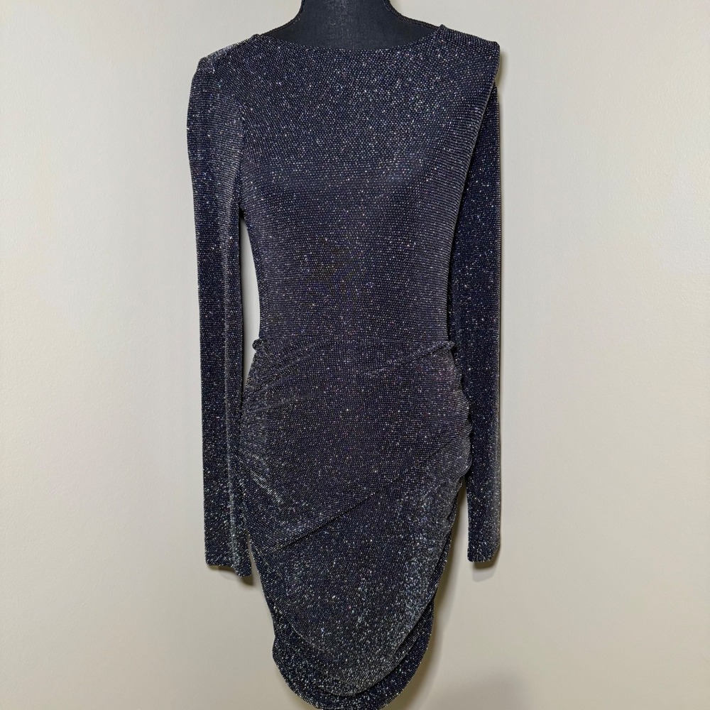 Leith Womens Black Glitter Long Sleeve Ruched Bodycon Dress Siz Small